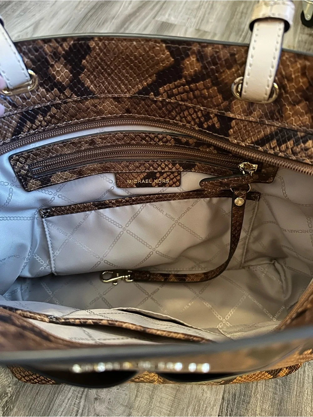 Michael Kors Brown Snake Print Tote with Cream Straps